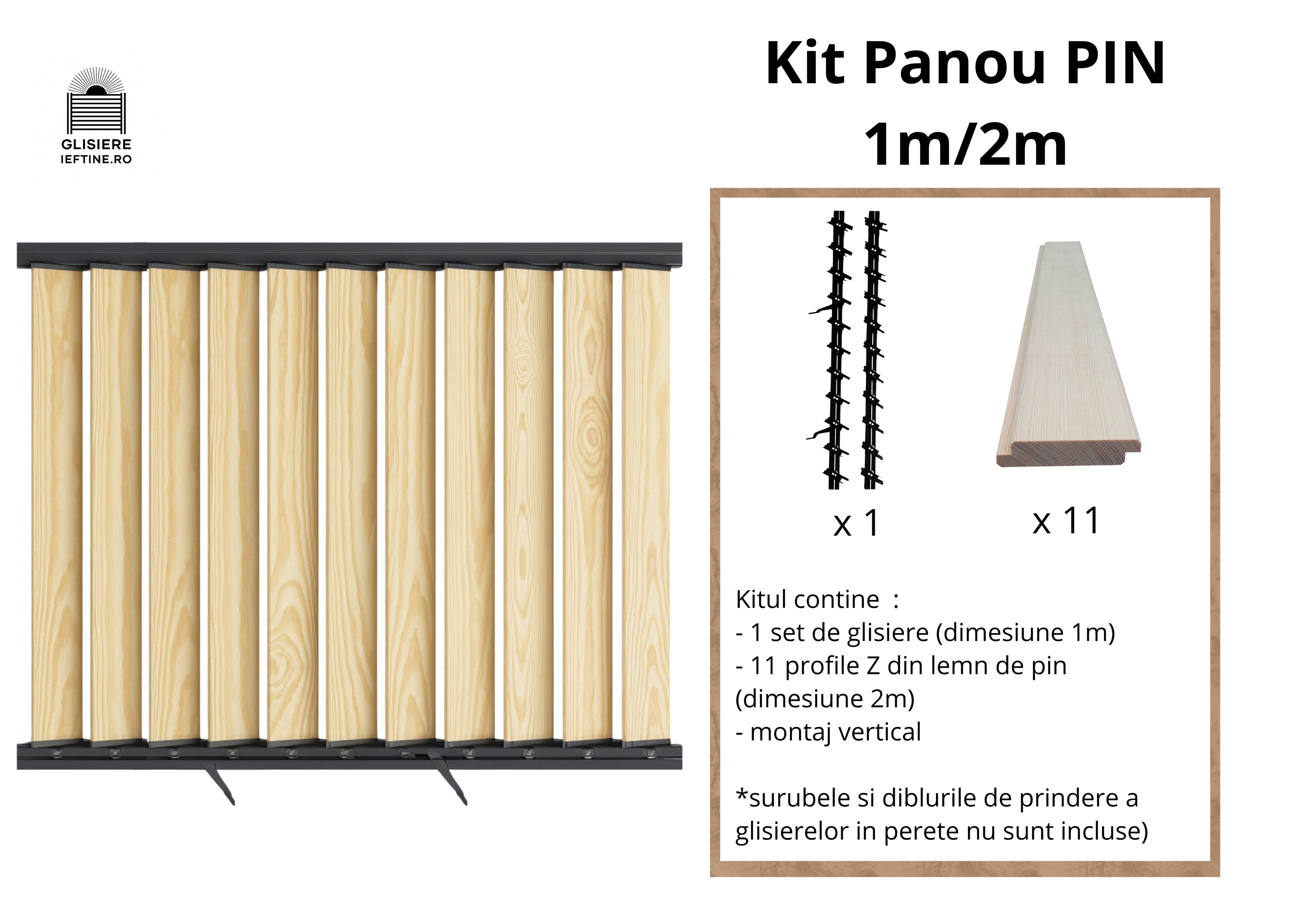 Panou 200cm LUMINAL cu Glisiere Metalice și 11 Lamele Z Pin Natur H 100 cm - L 200cm – Sistem Tip Jaluzea pentru Pergole și Terase PANOU 100cm/150cm PIN