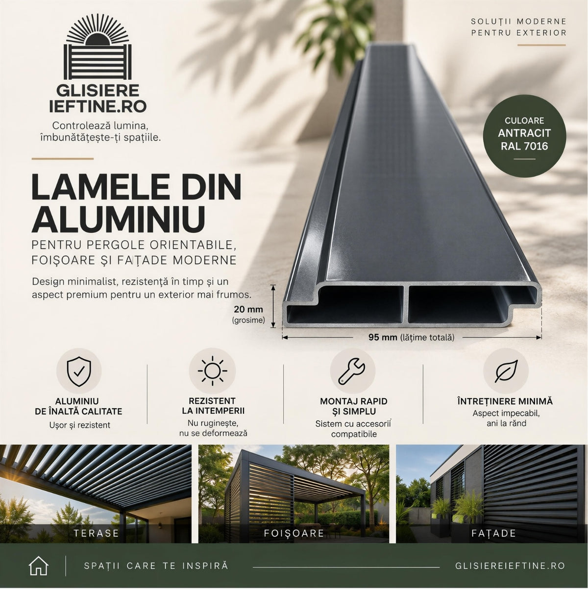 Lamelă Aluminiu Gri Antracit RAL 7016 100 cm – Profil Z pentru Jaluzele Orientabile Pergolă și Terasă GLISIERE IEFTINE