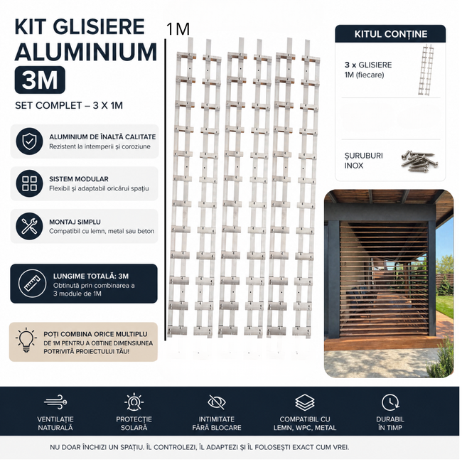 KIT Glisiere Aluminiu 3M (3x1M) – Sistem Jaluzele Orientabile Terasă Exterior – 12 Lamele / Modul KIT 1M Hover Image